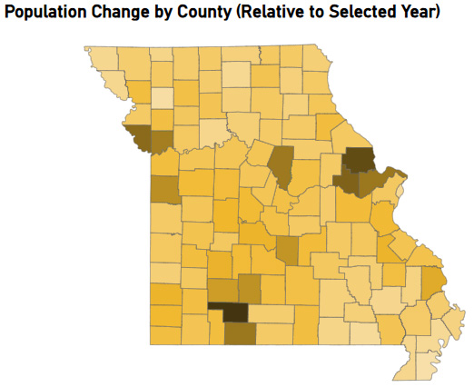 State of Missouri with shading per county to show population change