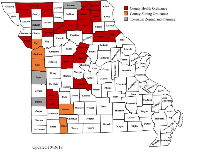 Counties with health and zoning ordinances Missouri State Map